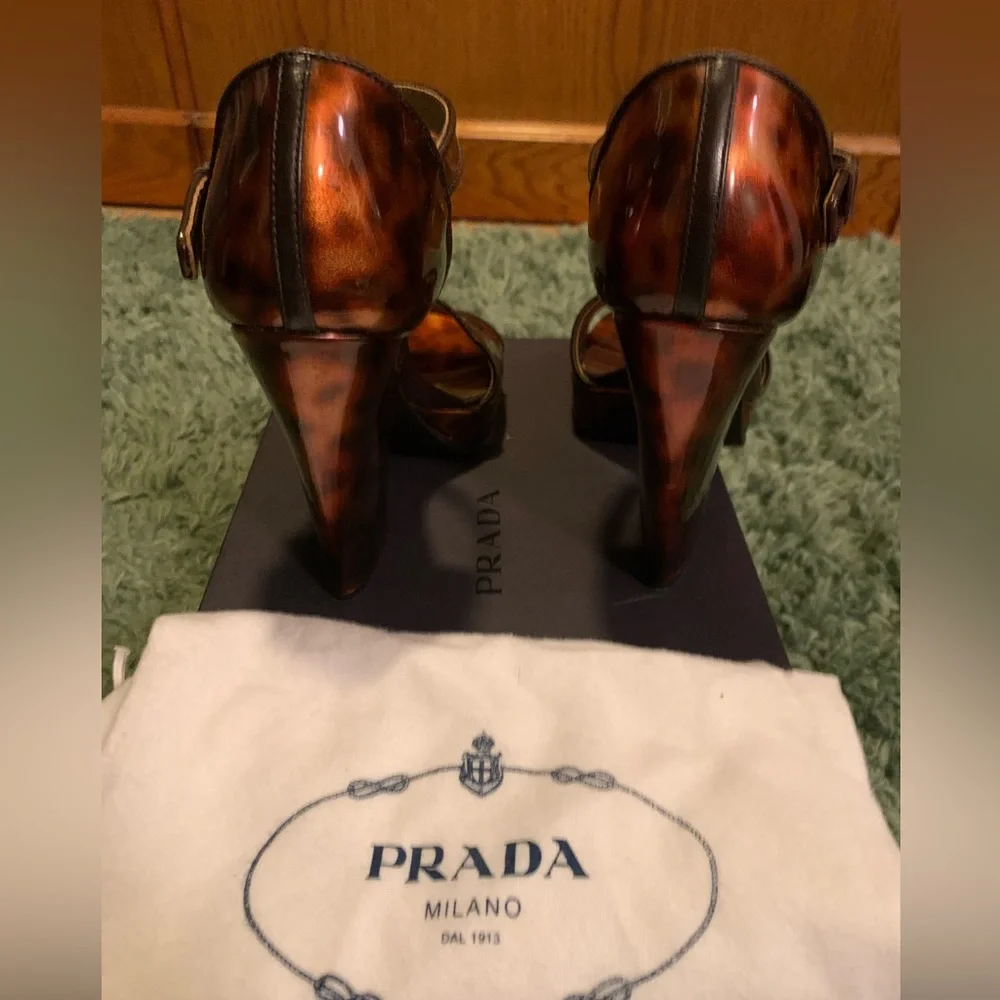 PRADA PLATFORM TORTOISESHELL LEATHER SANDALS 37 - Picture 2 of 7